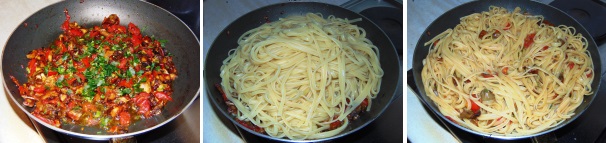 Una volta che la pasta sarà pronta, accendete il fuoco sotto il sugo ed aggiungetevi il prezzemolo lavato e tritato, dopodichè trasferitevi la pasta con qualche cucchiaio di acqua di cottura. Saltate qualche minuto e servite caldo.
 