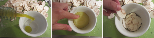 Ungete con l’olio le pirofile, mettete sul fondo una fettina di patata. Copritela con un strato di funghi.