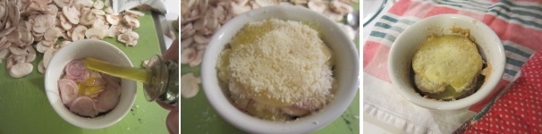 Condite le cipolle con qualche goccia di olio e coprite con il formaggio. Ripetete tutti gli strati fino all’orlo della pirofila. Coprite tutto con una fetta di patata, cosparsa abbondantemente con del formaggio grattugiato. Infornate in forno caldo a 190-200 °C per 20 -25 minuti circa (molto dipende dal forno). Servite tiepido.