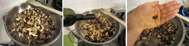 Unite i funghi al soffritto e mescolate delicatamente. Dopo qualche minuto, aggiungete il vino, sfumate e stufate per circa 20 minuti. Alla fine della cottura aggiungete qualche grano di pepe nero.
