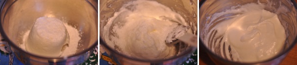 Unite i due zuccheri in uno stesso recipiente e mischiateli leggermente tra loro. Montate a neve fermissima gli albumi. La preparazione richiederà poco più di 5 minuti. In una ciotola unite i bianchi agli zuccheri, aggiungendone sempre poco per volta e amalgamandoli con un leccapentola dal basso verso l’alto per non sgonfiare il composto. Dovrete ottenere un composto lucido e omogeneo.