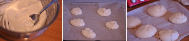 Rivestite una placca da forno con carta oleata e, aiutandovi con un cucchiaio, depositate, abbastanza distanti uno dall’altro, dei piccoli mucchiettini di composto. Abbassate il centro della meringa con il cucchiaio bagnato e infornate per circa 60 minuti. Il calore del forno dovrà asciugare le meringhe. Saranno pronte quando inizieranno leggermente a creparsi in superficie. Sfornate e lasciate raffreddare. Servite con una pallina di gelato variegato all’amarena.