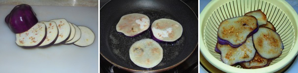 Preparate le melanzane da disporre sulle pizze. Pulitele ed affettatele in fette tonde e friggetele in olio di arachidi caldo ed abbondante. Infine, mettetele a scolare in un colapasta.