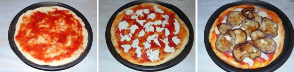 Riprendete l’impasto lievitato ed assemblate la vostra pizza, cospargetela prima con i pomodori pelati a pezzi, salateli e condite con la mozzarella e le melanzane, quindi passate al forno per circa 10 minuti. Il forno dovrà già essere caldo alla temperatura massima di 250 °C.