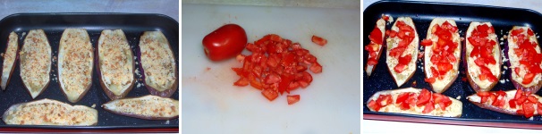 Adagiate su ogni fetta di melanzana un cucchiaio di mollica di pane, quindi fate un secondo strato con un cucchiaio di pomodori tagliati a dadini.