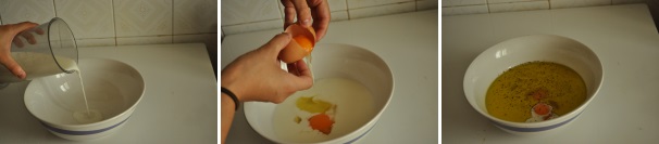Ora preparate gli ingredienti liquidi. In un altro recipiente versate il latte, aggiungete le due uova, salate e pepate e infine amalgamante gli ingredienti con l’olio extravergine.