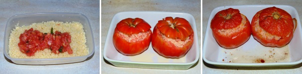 Togliete l’aglio dalla polpa di pomodoro, unitela al couscous e mescolate bene il tutto. Farcite i pomodori, successivamente adagiateli in una teglia unta di olio e infornate in forno già caldo a 200°C per una trentina di minuti. Non appena i pomodori saranno pronti lasciateli freddare, dopodiché saranno pronti per essere serviti.