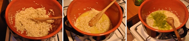 Togliete dalla pentola lo spicchio d’aglio e buttate il riso. Mescolate con un mestolo di legno per far assorbire l’olio a ogni chicco e tostarlo.  Basteranno un paio di minuti. Poi sfumate con il prosecco e il succo di limone, fate evaporare il liquido e aggiungete un cucchiaio da cucina di pesto.