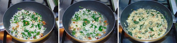 Versate il riso nella rucola e iniziate a tostarlo, dunque unite l’acqua calda, salate e portate a cottura il riso.