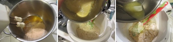 Sbattete il resto dello zucchero con le uova e sciogliete il resto del burro. Aggiungete all’impasto gonfio.