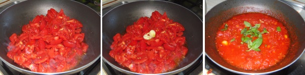 In una capiente padella preparate il sugo di pomodoro: inseritevi i pelati e portateli a bollore, quindi unite lo spicchio di aglio schiacciato, l’olio ed un pizzico di sale. Fate cuocere per una quindicina di minuti. A fine cottura salate e rimuovete l’aglio, infine unite il basilico.