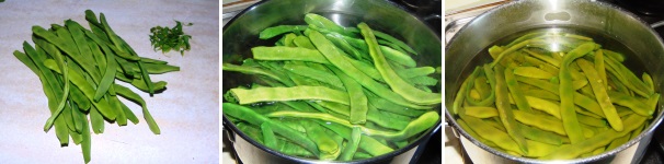 Spuntate e lavate i fagioli. In una pentola capiente portate a bollore abbondante acqua salata, versatevi dentro i fagioli e lasciateli cuocere fino a che non saranno bene al dente.