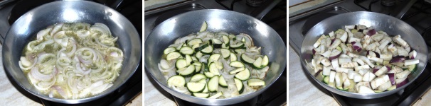 Lavate e pulite tutte le verdure, affettate la cipolla e fatela dorare con un poco di olio in una capiente padella, dopodiché unitevi le zucchine tagliate fini e lasciate cuocere circa 5 minuti. Di seguito unite le melanzane e lasciate che cuociano per una decina di minuti.