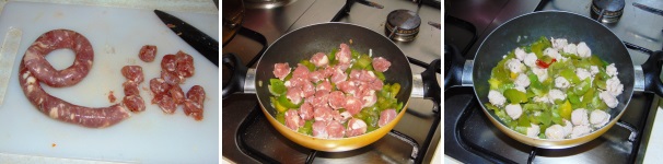 Tagliate a rondelle la salsiccia, unitela ai peperoni e cuocete senza coperchio fino a che non sarà bene cotta ed i succhi saranno completamente evaporati.