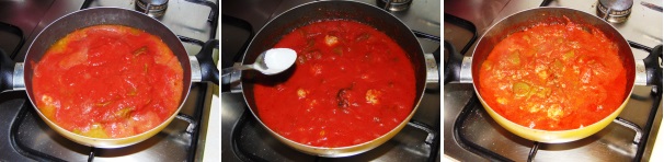 Versate in pentola la passata di pomodoro e portate il sugo a ebollizione, dopodiché coprite e lasciate cuocere per 30 minuti a fiamma bassa. Trascorso il tempo, togliete il coperchio, salate e completate la cottura lasciando sul fuoco per altri 10 minuti.