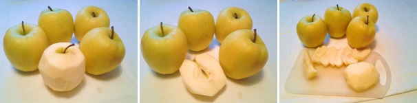Prendete le mele, privatele della buccia, dividetele a metà, eliminate i semini ed infine affettatele sottilmente per il lungo, in modo da avere delle semilune più o meno uguali nello spessore.