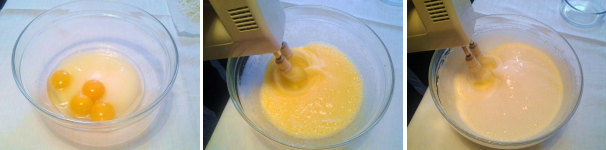 In una terrina unite le uova e lo zucchero semolato, lavoratele con una frusta elettrica fino a ottenere un composto omogeneo e spumoso.
 