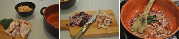 Iniziate a preparare la base per il soffritto tritando la cipolla al coltello e tagliando a cubetti 3 fette di pancetta affumicata.  Mettete gli ingredienti in una pirofila di terracotta con l’olio già caldo, aggiungete la salvia, il sale e il pepe e iniziate a far dorare il tutto.
 