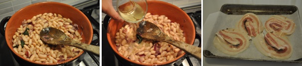 Preriscaldate il forno a 200°C. Aggiungete al soffritto i fagioli cannellini e lasciateli cuocere per 5 minuti. Sfumate con il vino bianco e proseguite la cottura per altri 10 minuti. Nel frattempo infornate, su una teglia coperta da carta oleata, le 4 fette di pancetta rimaste in modo che diventino belle croccanti.
 