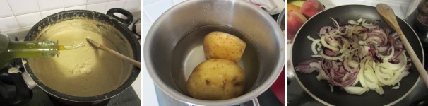 Versate un po’ di olio nella crema, mescolate bene e lasciate riposare. Mettete le patate a lessare. Quando saranno cotte e leggermente raffreddate, sbucciatele e tagliatele a dadini. Soffriggete le cipolle. Versate la vellutata in un piatto, mettete sopra le patate, le cipolle e qualche goccia di olio extravergine di oliva. Servite la vellutata ben calda.