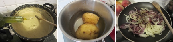 Versate un po’ di olio nella crema, mescolate bene e lasciate riposare. Mettete le patate a lessare. Quando saranno cotte e leggermente raffreddate, sbucciatele e tagliatele a dadini. Soffriggete le cipolle. Versate la vellutata in un piatto, mettete sopra le patate, le cipolle e qualche goccia di olio extravergine di oliva. Servite la vellutata ben calda. Versate un po’ di olio nella crema, mescolate bene e lasciate riposare. Mettete le patate a lessare. Quando saranno cotte e leggermente raffreddate, sbucciatele e tagliatele a dadini. Soffriggete le cipolle. Versate la vellutata in un piatto, mettete sopra le patate, le cipolle e qualche goccia di olio extravergine di oliva. Servite la vellutata ben calda.