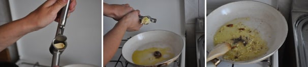 Pulite gli spicchi di aglio e schiacciateli con l’apposito attrezzo. Uniteli alle acciughe ormai sciolte insieme al peperoncino e lasciate aromatizzare l’olio.
 