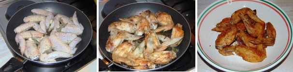 Versate l’olio in una padella e fatelo scaldare ma non bollire. Iniziate a cuocervi il pollo, cucinando le due parti delle ali separatamente, in quanto il diverso spessore della carne produrrà due tempi di cottura diversi. Cuocete le alette per circa 10/15 minuti, a fuoco medio e con coperchio, rigirandole di tanto in tanto, ed una volta pronte sgocciolatele e tenetele in caldo.