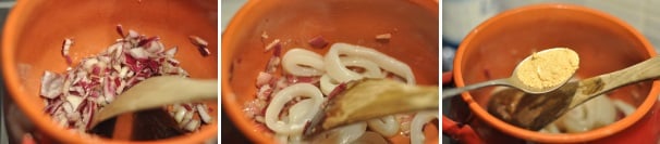 Fate dorare la cipolla e regolate di sale e pepe. Aggiungete gli anelli di calamaro e rosolateli per qualche minuto. Aggiungete poi il brodo granulare.