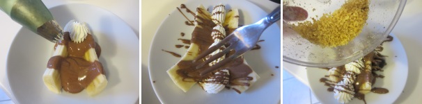 Guarnite la banana con la panna. Aiutandovi con una forchetta, decorate il dolce con il cioccolato sciolto precedentemente a bagnomaria. Decorate con l’uva e cospargete con la granella di nocciole.