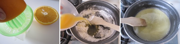 Spremete mezza arancia e aggiungete il succo al composto di burro e zucchero. Unite bene tutti gli ingredienti e cuocete lentamente per circa 3-5 minuti, o comunque fino a quando il composto risulterà abbastanza denso.