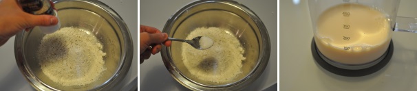 In una terrina unite la farina,  il lievito, lo zucchero, il sale e  il pepe. In un recipiente alto versate il latte.