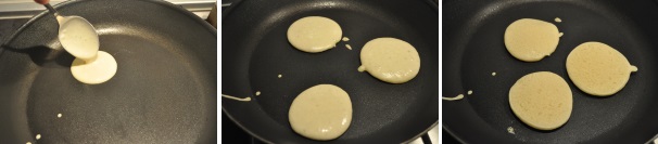 Ora che tutto è pronto passate alla cottura dei vostri blinis. Versate la quantità pari a un cucchiaio nella padella già calda. Non deve essere molto impasto perché il nostro blinis deve rimanere piccolo ma gonfio. Dopo un minuto circa, girate il blinis con l’aiuto di una spatola in silicone e proseguite la cottura per un minuto ancora. Cuocete tutti i blinis e conservateli temporaneamente impilati per mantenere il calore. Farciteli con ciò che più amate e serviteli.