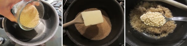 Versate lo zucchero nella pentola e riscaldate a fuoco basso. Aggiungete il burro e mescolate bene. Subito dopo aggiungete i semi di sesamo, mescolando continuamente.