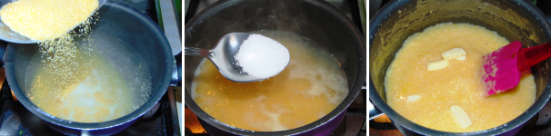 Preparate la polenta portando a bollore, in una pentola alta, 800 ml di acqua, quindi versatevi dentro la farina di polenta, il sale e cuocete mescolando per non farla attaccare. Una volta pronta aggiungete il burro.