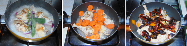 Aggiungete al coniglio il vino ed il brodo con gli odori, salvia e rosmarino, coprite e continuate la cottura per 30 minuti, quindi unite le carote a rondelle, salate il tutto e lasciate cuocere ancora per 30 minuti, dopodiché unite i funghi.