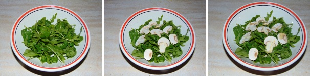 Lavate bene la rucola e fatela asciugare, ponetela in una ciotola ed unitevi i funghi champignon puliti ed affettati sottilmente. Salate, pepate, condite con un filo d’olio e tenete a riposo qualche minuto.