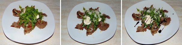 Condite la carne con la rucola, di seguito aggiungete il formaggio a scaglie e l’aceto balsamico, quindi servite tutto caldo.