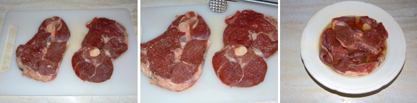 Stendete le fettine di carne su di un tagliere e battetele con il batticarne, dopodichè mettetele a marinare in olio per qualche minuto.