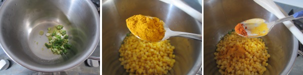 In una pentola soffriggete i cipollotti in un po’ di olio. Aggiugete il mais insieme al liquido contenuto nella scatola, la curcuma e il chili powder. Mescolate e cuocete al fuoco basso per 4 minuti.