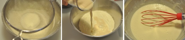 Setacciate la farina in modo da evitare grumi. Unite il latte e, aiutandovi con una frusta in silicone, amalgamate bene i due ingredienti fino ad ottenere un composto liscio.