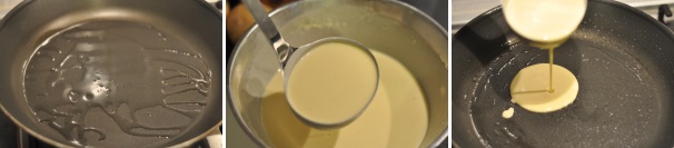 In una padella antiaderente fate scaldare un cucchiaio di olio extravergine d’oliva. Con l’aiuto di un mestolo versate la pastella fino a coprire con un leggero strato la superficie calda della padella.