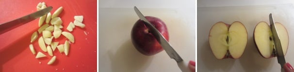 Tagliate le mandorle nelle forme varie, creando i denti. Lavate e tagliate la mela a metà e poi a spicchi.