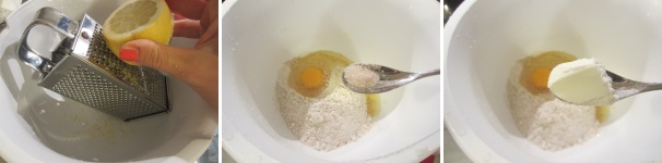 Grattuggiate la buccia del limone. In una ciotola unite la farina, l’uovo, un pizzico di sale e il lievito in polvere.