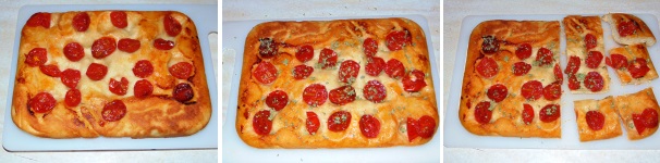 Capovolgete la focaccia su di un piano e salate i pomodorini, cospargetela di abbondante origano, tagliatela a porzioni e servitela in tavola.