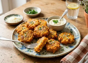 Frittelle di zucca dorate e croccanti servite su un piatto di ceramica con salsa d'accompagnamento