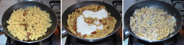 Cuocete la pasta in acqua salata e scolatela ancora al dente, ripassatela in padella con il sugo e qualche cucchiaio di acqua di cottura. Una volta che l’avrà assorbita tutta spegnete il fuoco. Versate sulla pasta la panna, mescolate bene e servite il piatto.