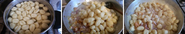 Nel frattempo mettete dell’acqua sul fuoco e salate, una volta arrivata ad ebollizione aggiungete gli gnocchi, lasciateli cuocere per 1 minuto e scolateli, tenendo da parte una tazza di acqua di cottura. Incorporate gli gnocchi nella padella, mescolate bene e aggiungete un pizzico di pepe e il parmigiano reggiano. Se gli gnocchi risultassero troppo asciutti incorporate qualche cucchiaio di acqua di cottura. Servite con i pezzettini di speck e un ciuffetto di rosmarino.