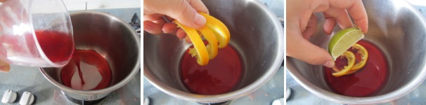 Versate il succo d’uva in una pentola alta e riscaldatelo a fuoco basso. Aggiungete la scorza d’arancia, il succo del lime e la scorza del lime. Scaldate, ma non cuocete.