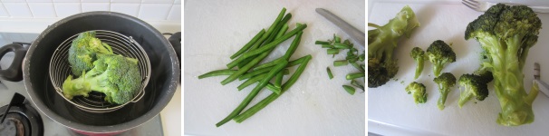 Cuocete i broccoli al vapore. Pulite i fagiolini, tagliando l’estremità. Una volta che broccoli saranno cotti, divideteli in piccoli rametti.