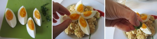 Scolate l’uovo e lasciatelo tre minuti in acqua fredda. Togliete il guscio e tagliatelo in quattro. Disponete il cavolfiore sul piatto e l’uova sopra. Cospargete tutto con la parte verde dei cipollotti, il pepe e un filo d’olio. Servite l’insalata tiepida.